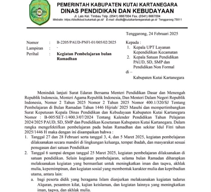 Surat Edaran Pembelajaran Selama Bulan Ramadan.(Istimewa)