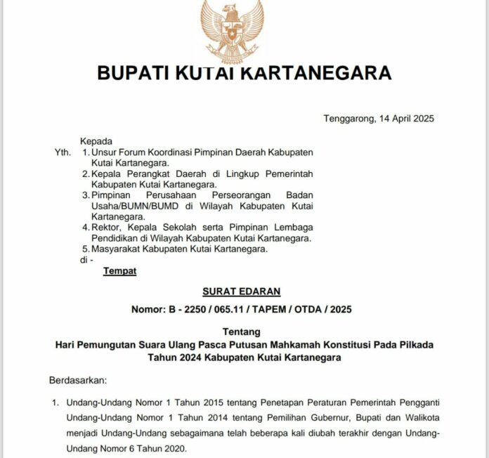 Surat Edaran Bupati Kukar terkait PSU Pilkada Kukar. (Istimewa)