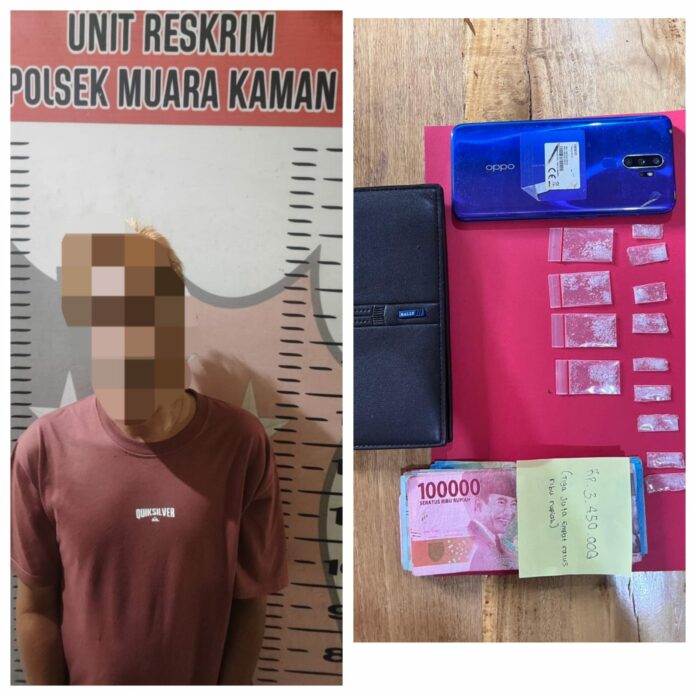 Tersangka beserta barang bukti pengedar sabu-sabu di Desa Muara Siran. (Istimewa)