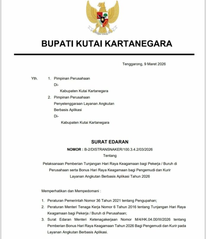 SK Bupati Kukar tentang pelaksanaan pemberian THR bagi pekerja perusahaan serta BHR bagi pengemudi dan kurir layanan angkutan berbasis aplikasi tahun 2026. (Istimewa)