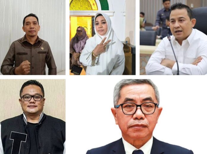 Kolase: Ketua KONI Kaltim, Rusdiansyah Aras (frame terbesar), dari atas kanan hingga kiri bawah; Wakil Ketua Komisi II DPRD Kaltim Fraksi Golkar, Sapto Setyo Pramono, Anggota Komisi IV DPRD Kaltim Fraksi Golkar, Syahariah Mas’ud, Ketua DPRD Kota Balikpapan Fraksi Golkar, Alwi Al Qadri, dan General Manager Borneo FC Samarinda, Anderiy Syachrum.