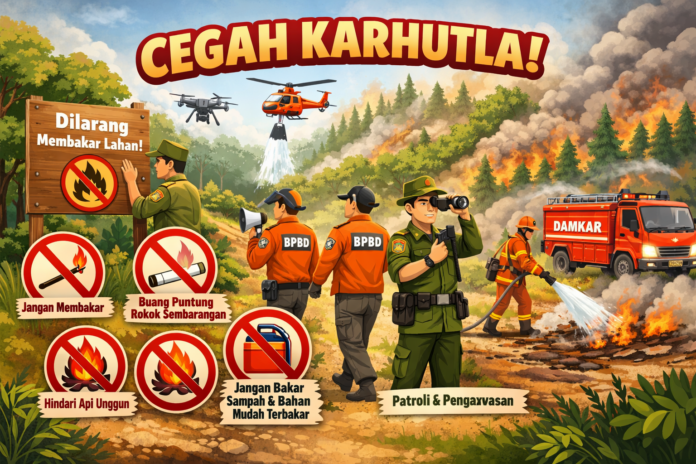 Ilustrasi pencegahan karhutla. (AI)