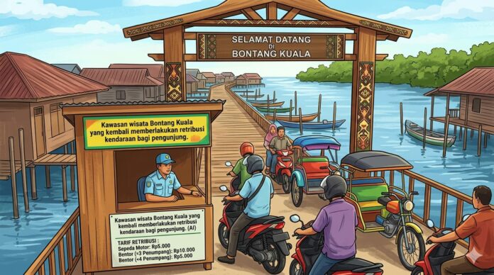 Kawasan wisata Bontang Kuala yang kembali memberlakukan retribusi kendaraan bagi pengunjung. (AI)