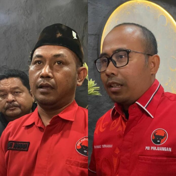 Wakil Sekretaris Bidang Program DPC PDI Perjuangan Kukar, Rahmat Hendrawan dan Bendahara DPC PDI Perjuangan Kukar, Sugeng Hariadi. (Shavira Ramadhanita/RadarKukar)