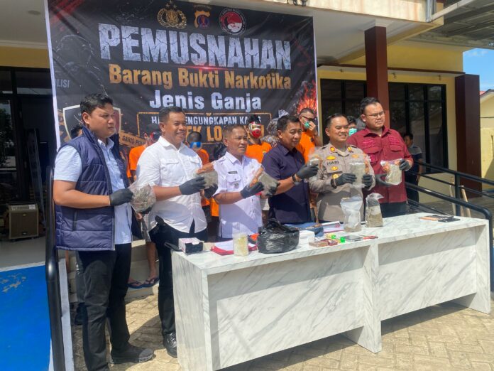 Pemusnahan barang bukti ganja di Halaman Mapolsek Loa Kulu. (Shavira Ramadhanita/RadarKukar)